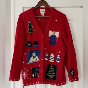 The Quacker Factory Vintage Festive Red Holiday Cardigan‎ Size Large EUC